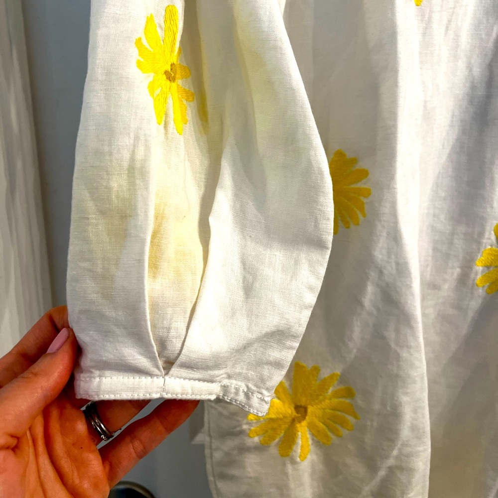Something Navy linen dress with embroidered flower detail and open back